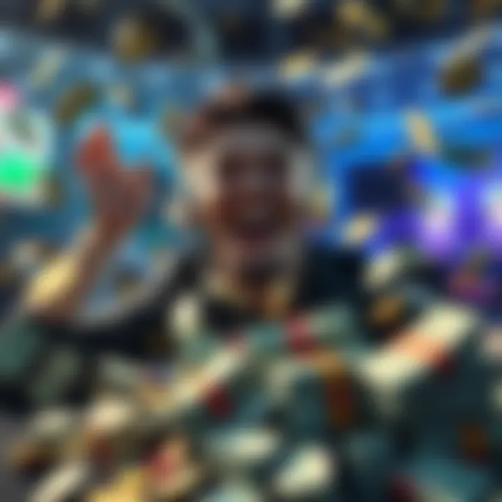 A person celebrating a major online gaming victory with a big smile, surrounded by money and gaming symbols.