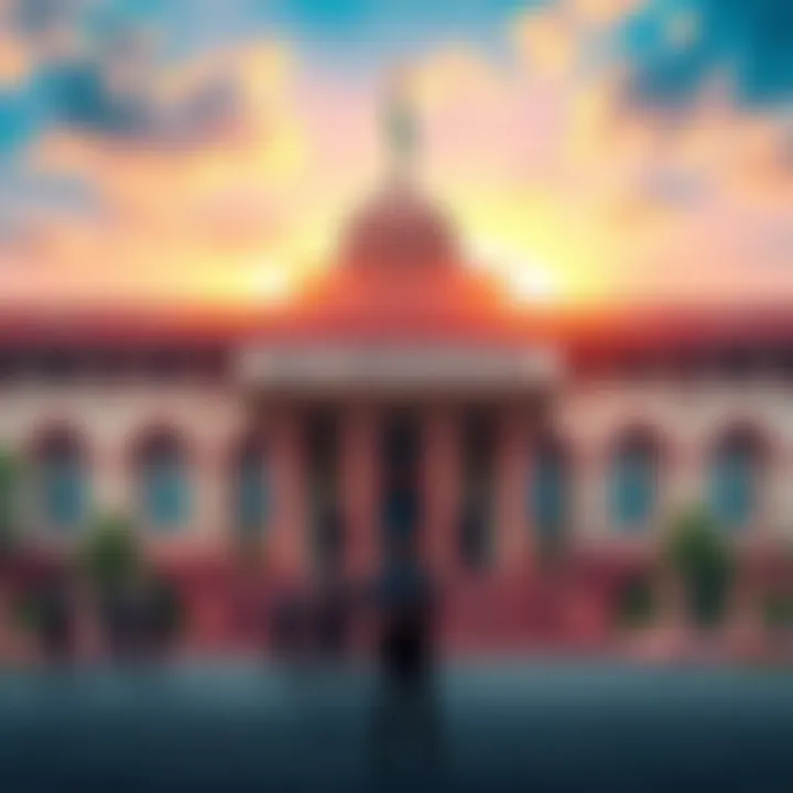 A view of the Indian Defense Ministry building with security personnel outside, symbolizing power and authority.