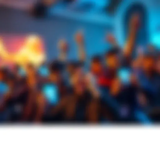 A group of Indian gamers celebrating while holding smartphones with crypto symbols visible on the screens
