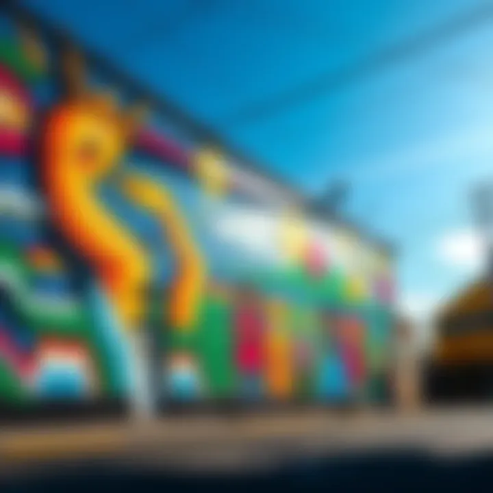 A colorful street art mural representing the concept of 'Antes da Linha Mover', showcasing vibrant designs and cultural symbols