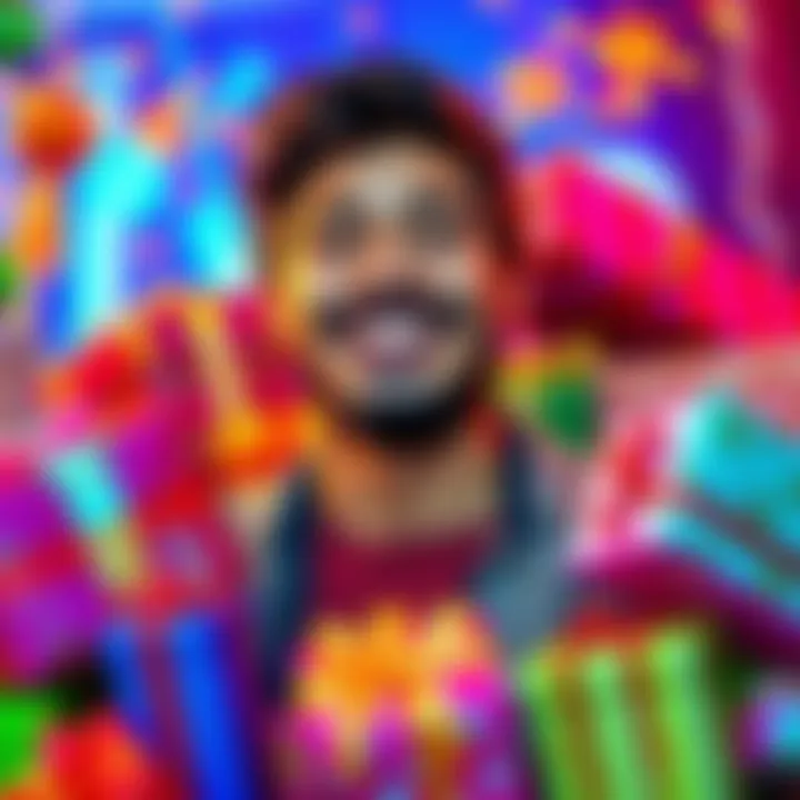An influencer on Instagram smiling, showing off daily prizes won, surrounded by colorful gift boxes and a vibrant background.