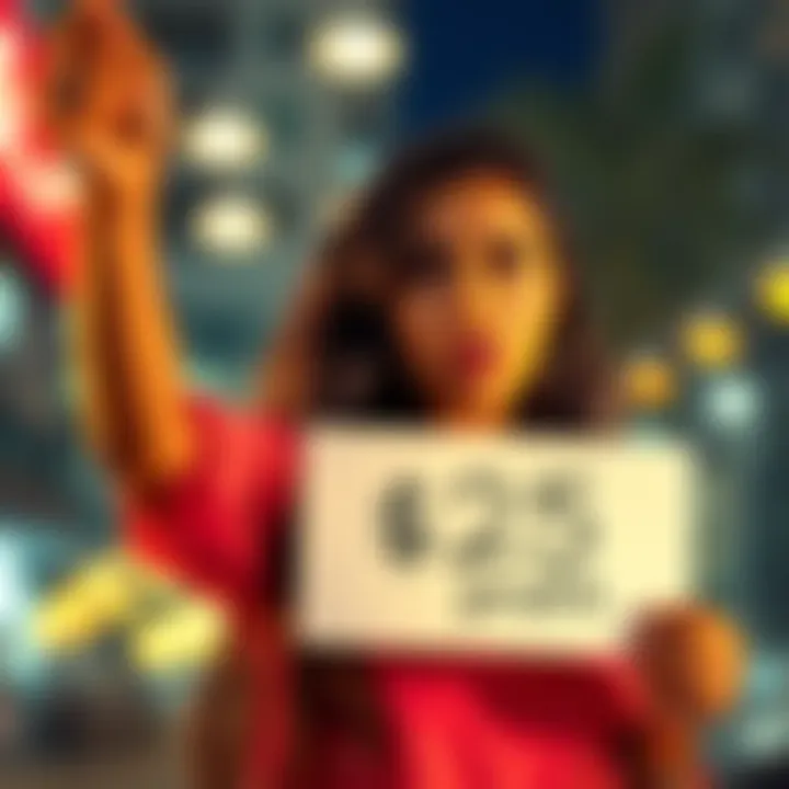 A social media influencer holding up a sign that says '$25 profit' with a disappointed expression, showing the contrast between her ban and her earnings.