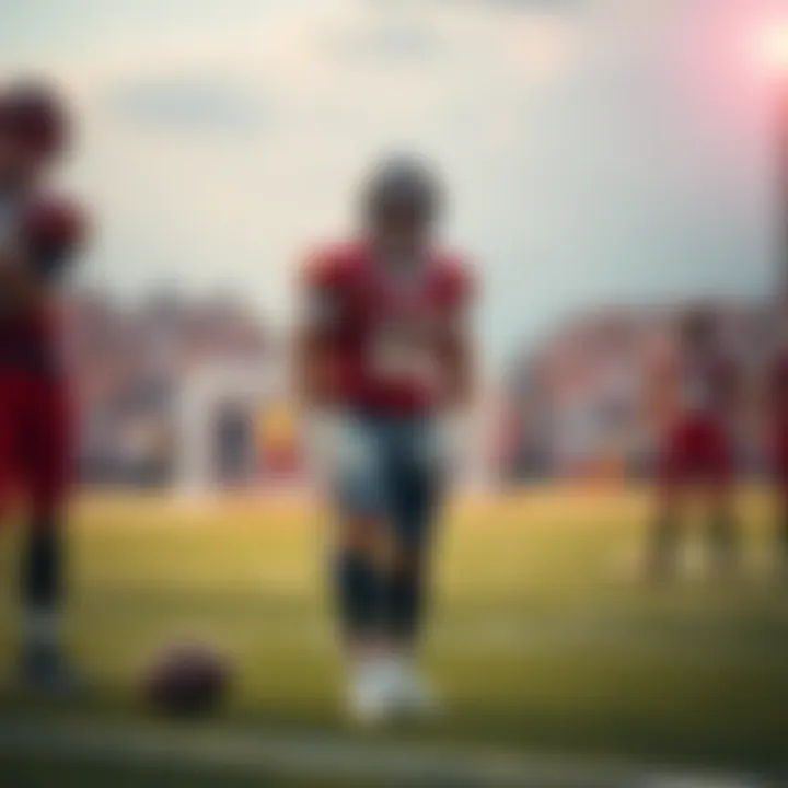 A football field showing a sidelined tight end holding his knee, with teammates looking concerned nearby.