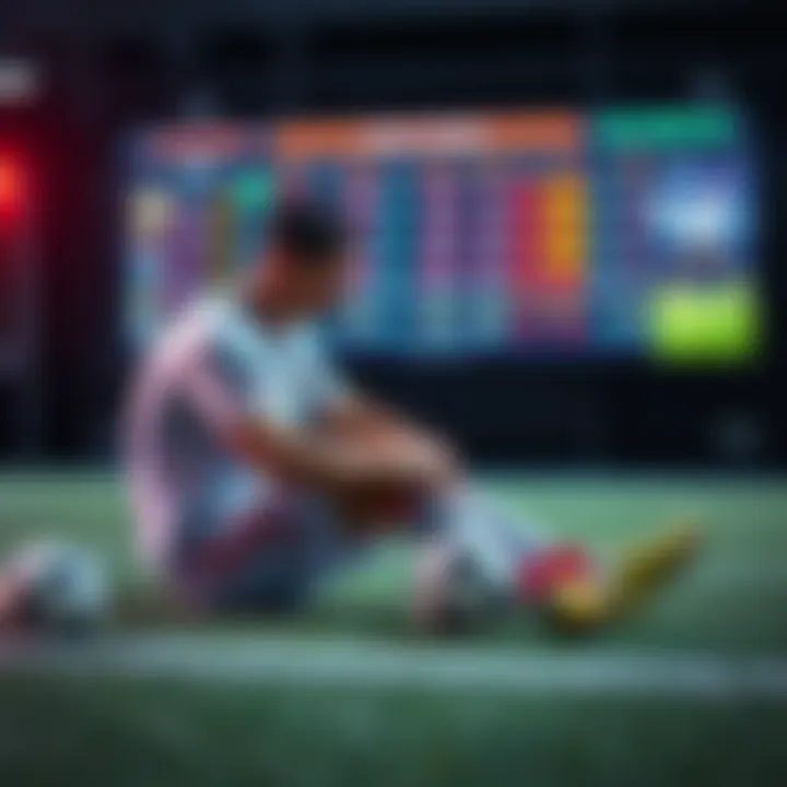 A football player sitting on the ground, holding his ankle in pain, while sports betting odds are displayed on a screen in the background