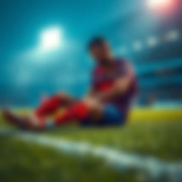 Injured player Brown on the field Player Brown sitting on the field with an ice pack on his leg, expressing concern after an injury.