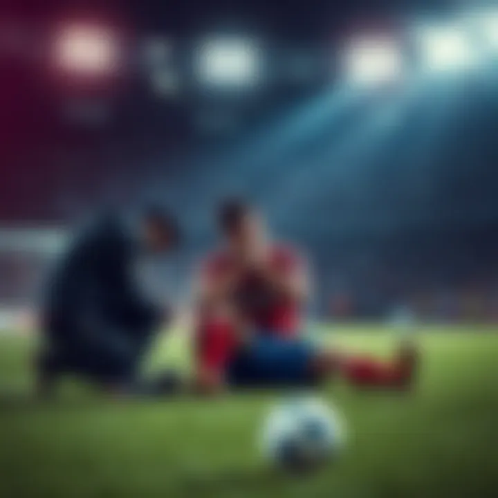 A soccer player being treated on the field after an unexpected injury during a match, showing signs of frustration.
