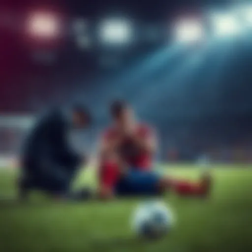 Injured Player on Field A soccer player being treated on the field after an unexpected injury during a match, showing signs of frustration.