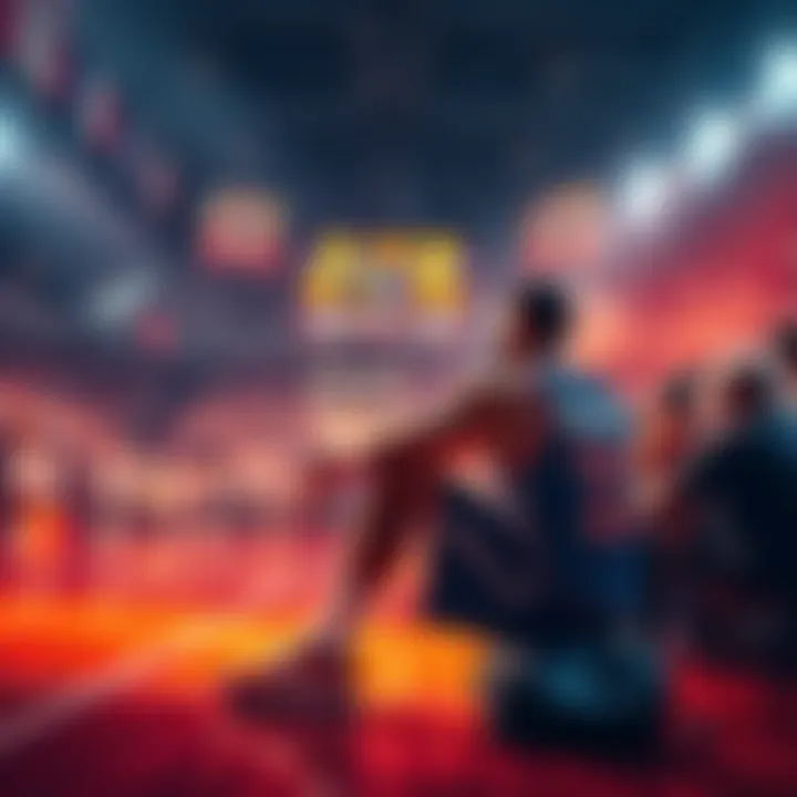 A basketball player sitting on the court holding his ankle in pain, while fans look on with concern. The scoreboard shows an ongoing game.