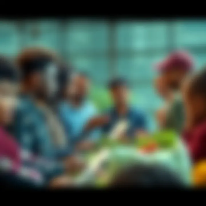 A group of diverse people discussing a new idea to combat world hunger, with food and community resources in the background.