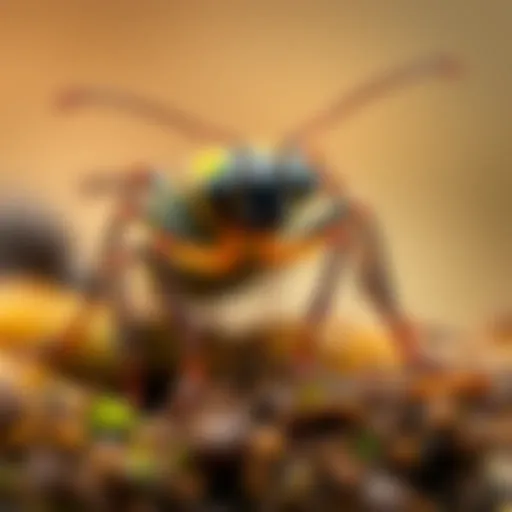 A close-up of an insect featuring six legs, showcasing its unique body structure and adaptations in a natural setting.
