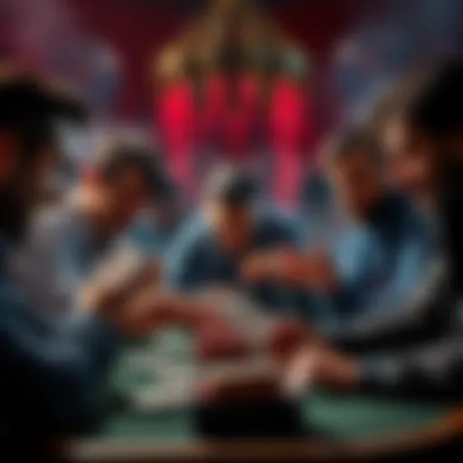 A tense game scene showing players engaged in a high-stakes card game, with expressions of anxiety and determination. One player celebrates a surprising win while others look defeated.