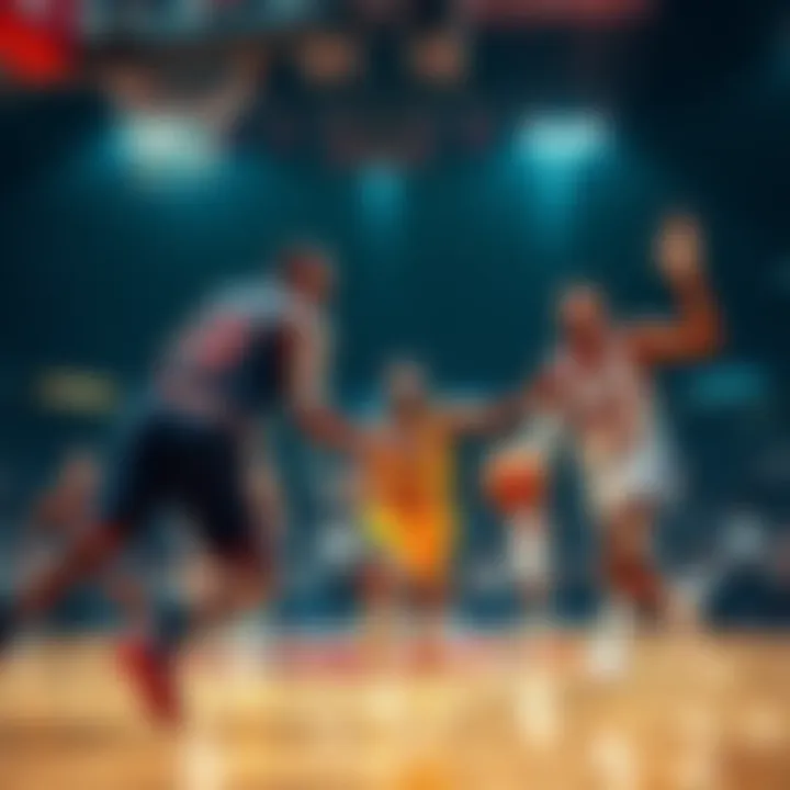 Players competing fiercely in an NBA game with a closely contested score