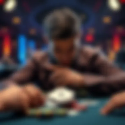 A poker player looks conflicted as he decides whether to call or fold after the river card is revealed, with chips and cards on the table.