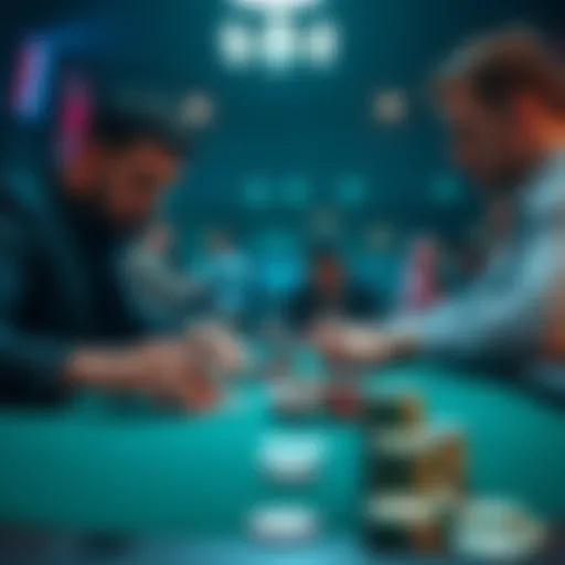 A high-stakes poker game with players focused on their cards and chips stacked on the table