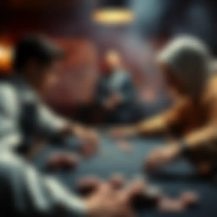 A poker table showing a player with a full house facing an opponent with a royal flush, both players appear tense as they make their final decisions, chips scattered across the table.