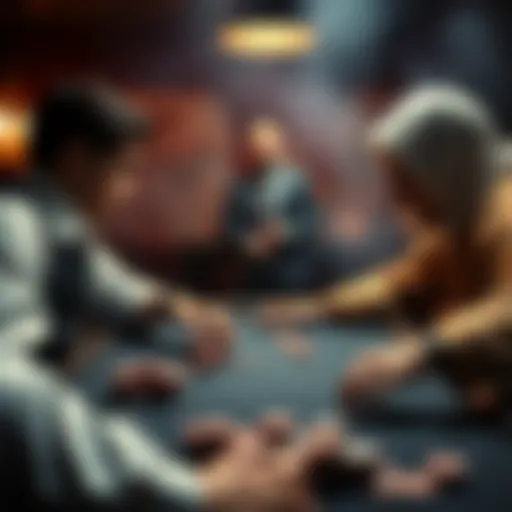 Intense Poker Hand A poker table showing a player with a full house facing an opponent with a royal flush, both players appear tense as they make their final decisions, chips scattered across the table.