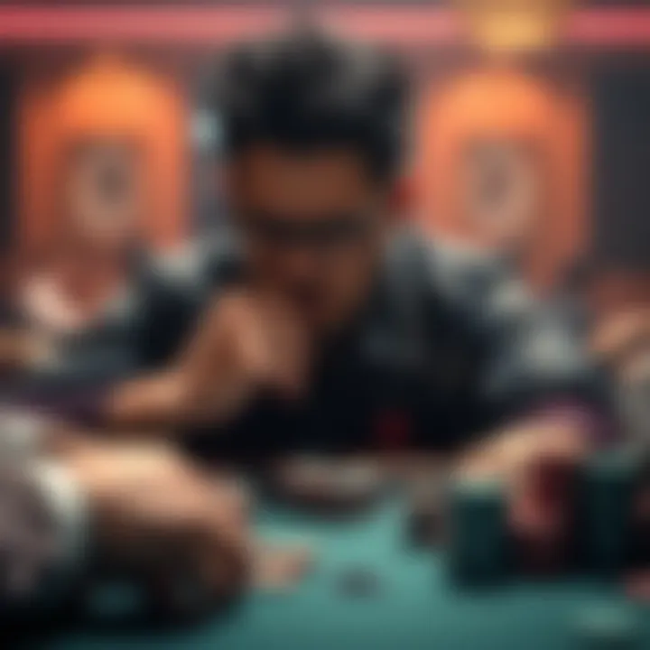 Intense poker hand decision A player contemplating whether to fold or call during a tense poker game with chips stacked on the table