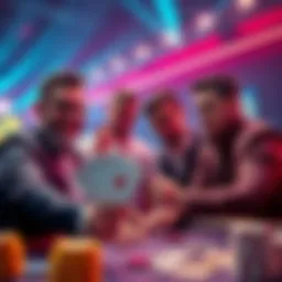 Group of international poker players holding cash and discussing ways to access funds for WSOP.