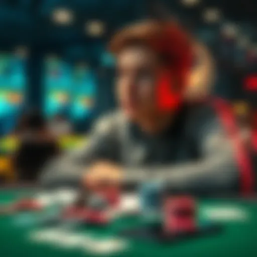 International Student Reflecting on Gambling Losses A young international student sitting at a table, looking thoughtful with poker chips and playing cards scattered around, symbolizing his losses in gambling.