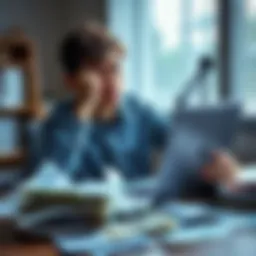 A concerned international student sitting at a desk with a laptop, looking worried while holding his head. Papers and bills are scattered around, showing financial stress.