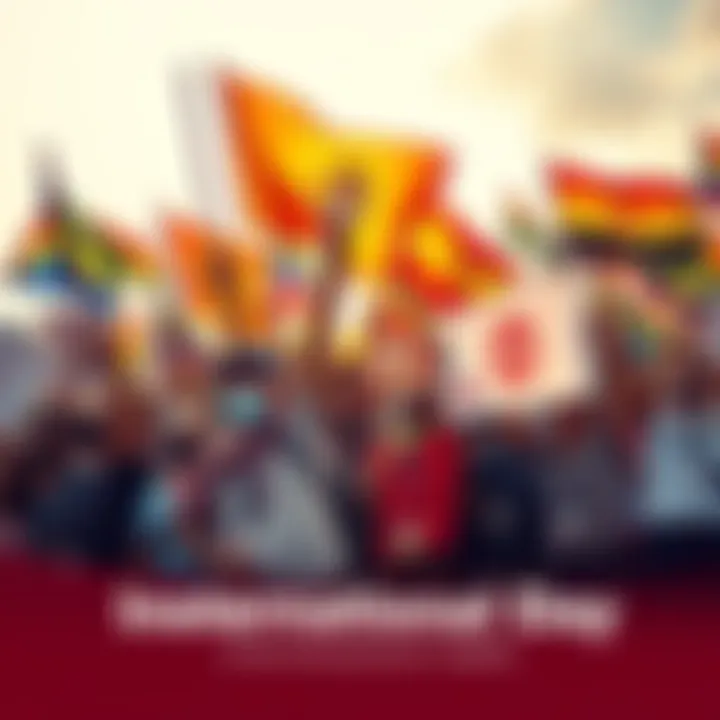 A diverse group of people holding banners and flags, celebrating International Workers' Day with joy and unity.