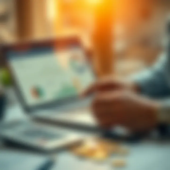 A person analyzing financial charts and graphs on a laptop, surrounded by coins and a calculator, symbolizing investment and wealth management.
