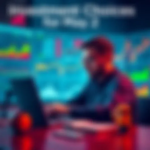 A person analyzing investment options on a laptop, surrounded by financial charts and graphs
