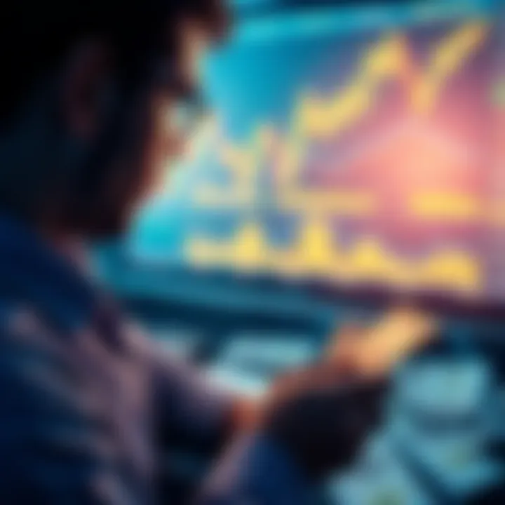 A person looking at financial charts and money, contemplating cashing out an investment