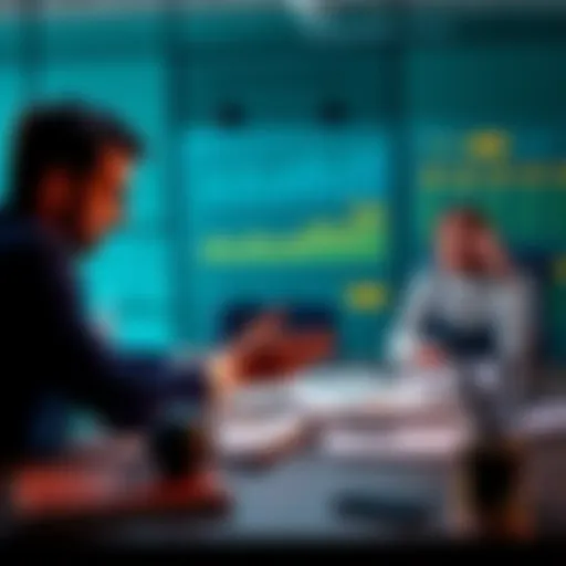 Two people discussing options for investment, with charts and financial documents on a table.