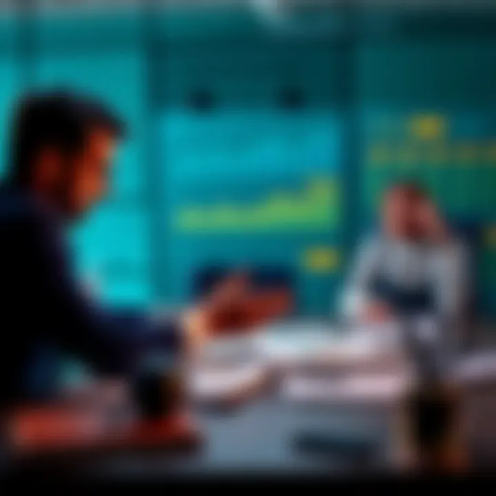 Investment Decision Two people discussing options for investment, with charts and financial documents on a table.