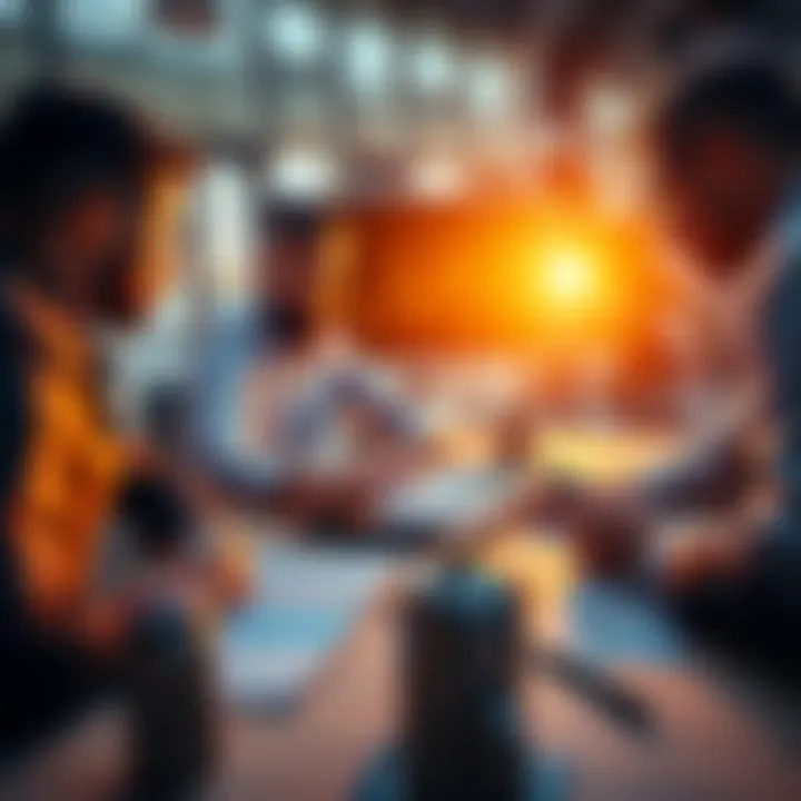 People discussing potential investment profits over a table with charts and graphs.
