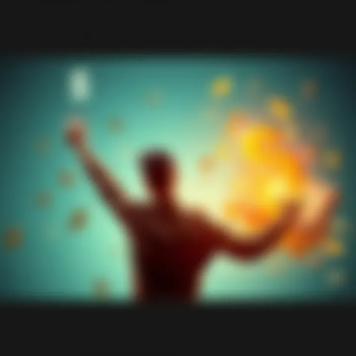 A person celebrating with money symbols, showing a transformation from a small amount to larger profits, representing investment success.