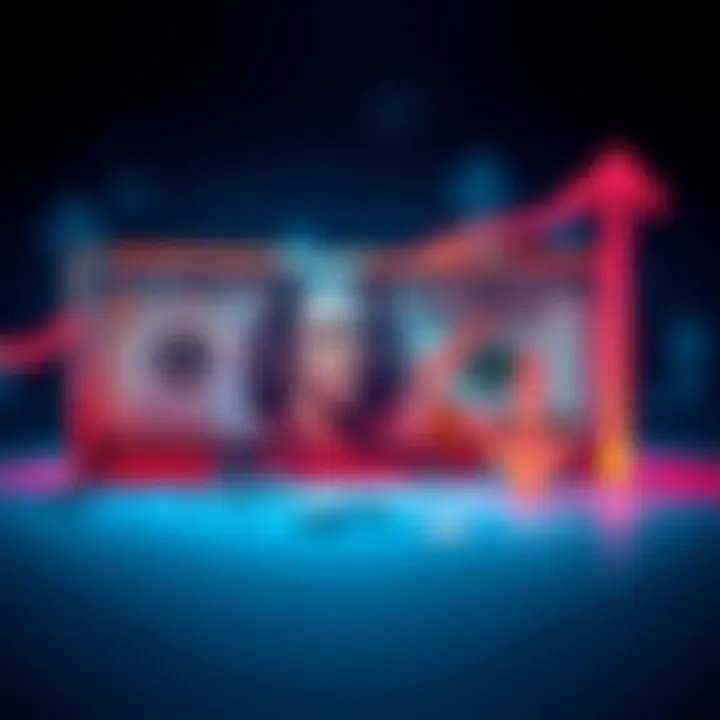 A visual representation of money growth and loss, showing a $20 bill turning into $1,000, then back to zero, with upward and downward arrows indicating fluctuations.