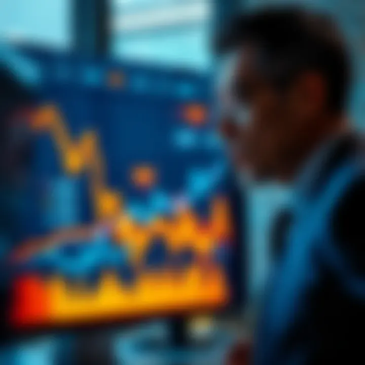 A businessman looking at declining financial graphs on a screen, showcasing the struggle of high investments without returns.