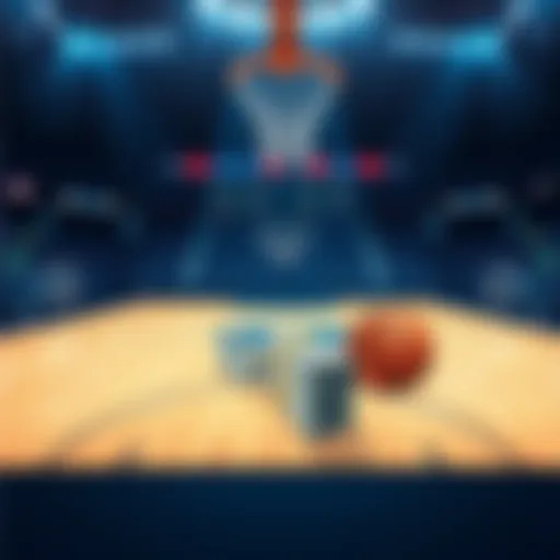 A graphic showing a basketball court with betting odds and stacks of money, symbolizing investment in sports betting during March Madness.