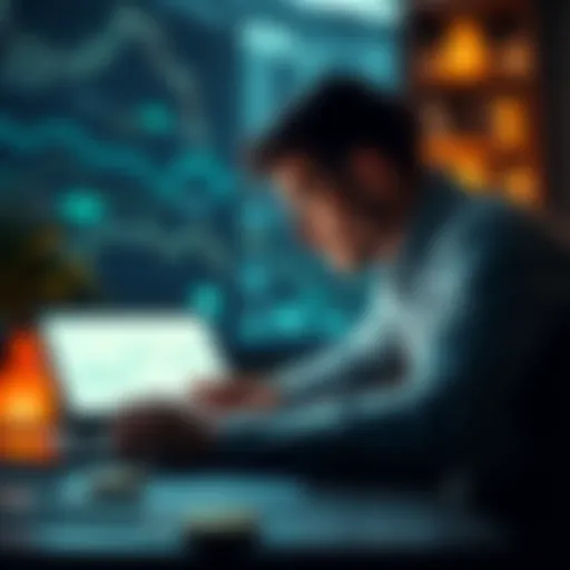 A person analyzing financial charts with a laptop and money symbols in the background.