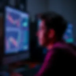 A person looking at a computer screen with investment charts and graphs, considering a decision with a thoughtful expression.