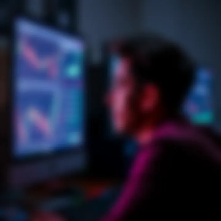 Investment opportunity A person looking at a computer screen with investment charts and graphs, considering a decision with a thoughtful expression.