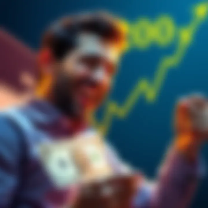 An investor with a big smile holding a dollar bill and looking at a graph showing a steep rise.