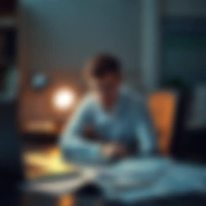 Investor Reflecting on Financial Loss An investor sitting at a desk with a worried expression, surrounded by financial documents and a laptop displaying stock charts, symbolizing the struggle of coping with financial loss.