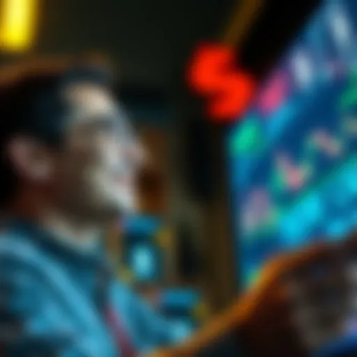 A happy investor looking at a digital screen showing rising profits from sports contracts, with dollar signs and financial charts in the background.