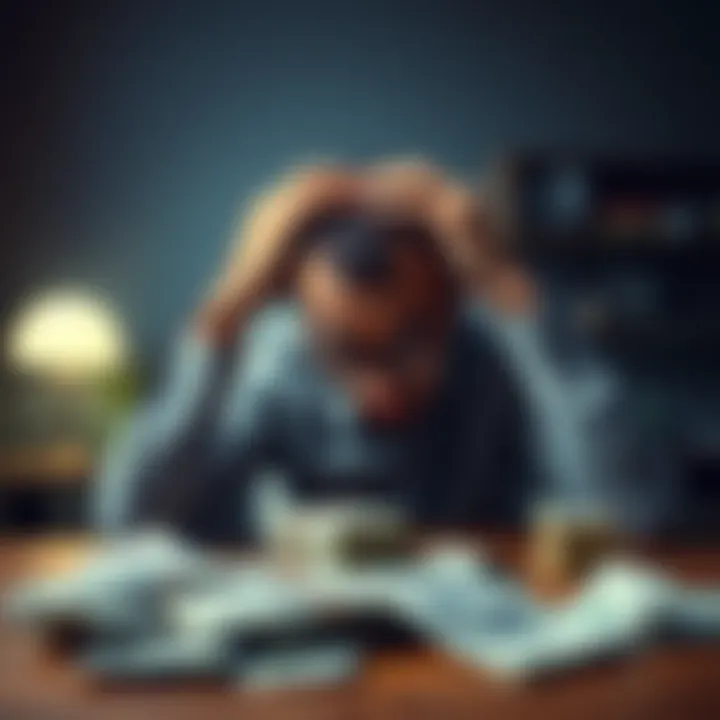 An anxious investor holding his head with bills scattered on a table, symbolizing financial loss and personal struggles.