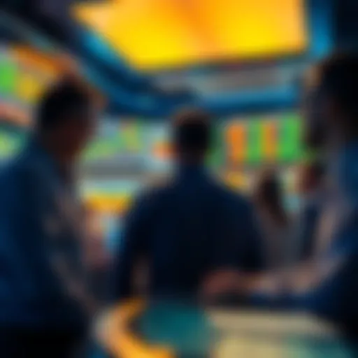 Group of investors observing stock market trends on digital screens, anticipating positive financial changes