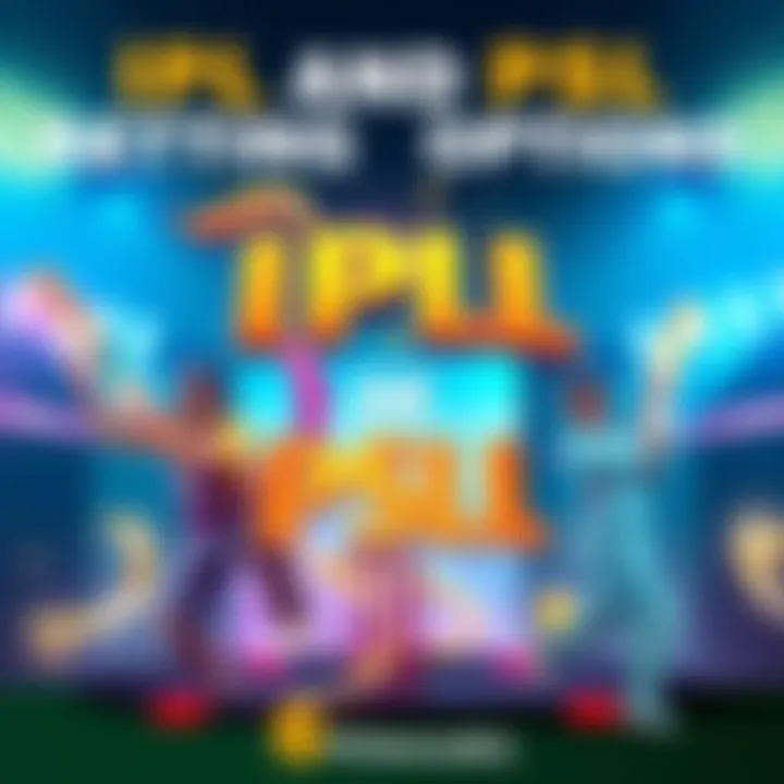 A vibrant graphic showing iconic elements of IPL and PSL cricket matches, with highlights of potential betting picks and a celebratory vibe.