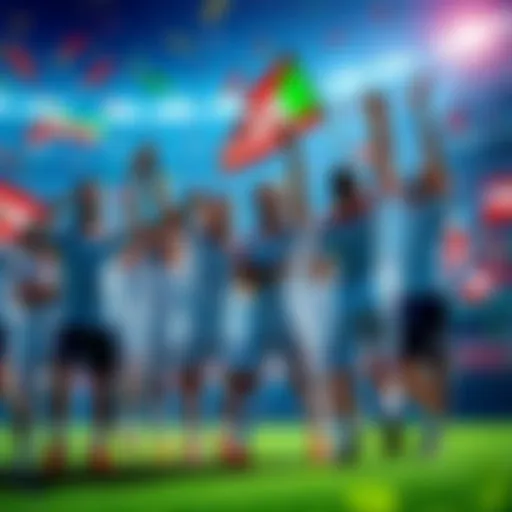 Iranian football players celebrating their historic World Cup victory, waving flags and cheering with fans in the background.