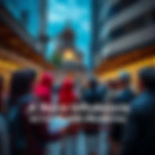 Islamic Influence in Modern Society A diverse group of people discussing Islamic culture in a city setting, highlighting its impact on modern life.