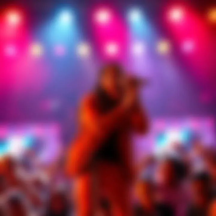 J $stash energetically performing the song Guerrillas on stage with bright lights and an enthusiastic crowd.