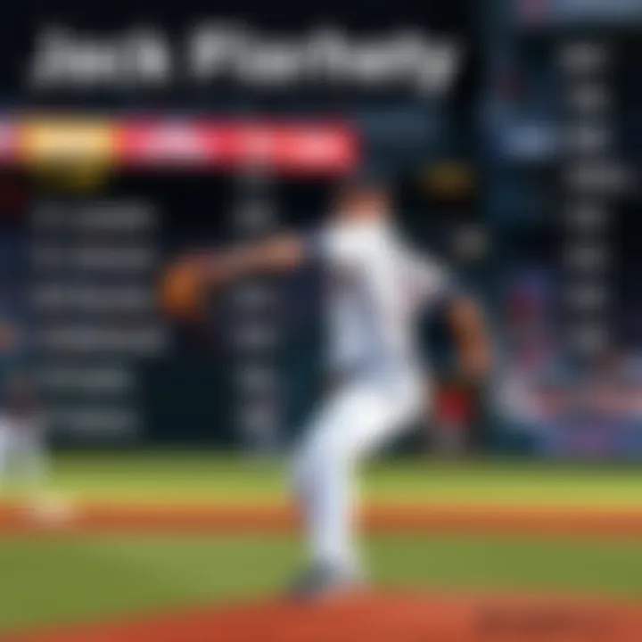 Jack Flaherty, Detroit Tigers pitcher, focused on delivering a pitch during a game, with statistics on hits allowed displayed in the background.