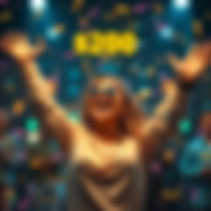 A happy woman celebrating her jackpot win of $200 with her arms raised in excitement, surrounded by confetti and smiles.