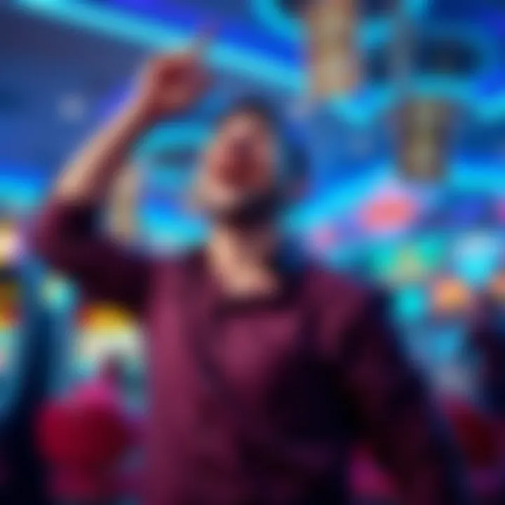 A man joyfully reacts after winning a large jackpot at Rivers Casino on the slot machine Dancing Drums Reels with a small bet.